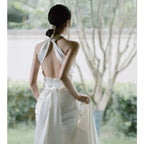 Luxury Simple White Satin Small Tail Bride Wedding Dress Sexy Halter Backless Ball Gown Wedding Evening Prom Dresses for Women