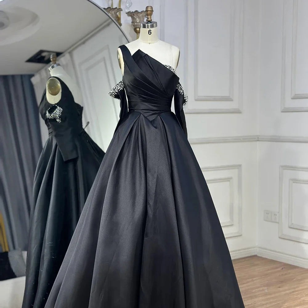 Custom Black One Shoulder Beaded A Line Formal Evening Gown