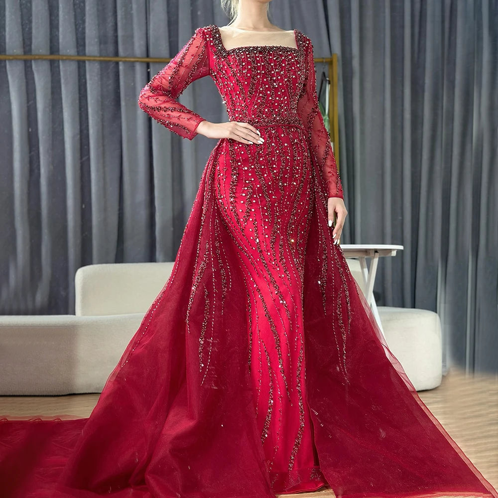 Serene Hill Wine Red Long Sleeve Mermaid Beaded Evening Dress For Women