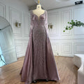 Blue Beaded Satin Evening Dress With Overskirt Long Sleeve Formal Gown