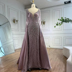 Blue Beaded Satin Evening Dress With Overskirt Long Sleeve Formal Gown