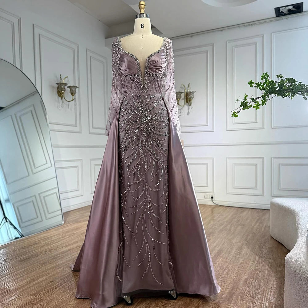 Blue Beaded Satin Evening Dress With Overskirt Long Sleeve Formal Gown