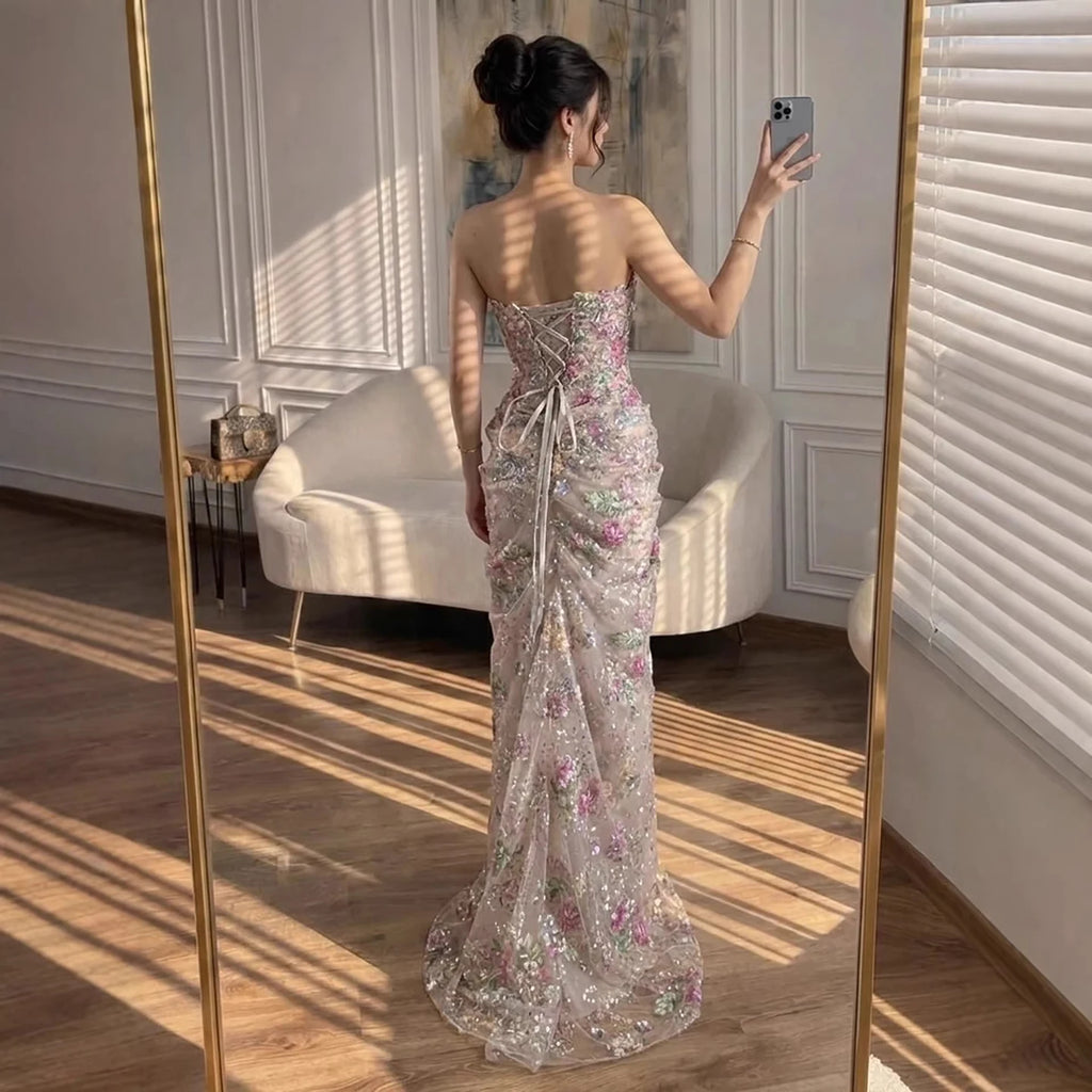 Customized Strapless Mermaid Evening Dress With Floral Pattern For Women
