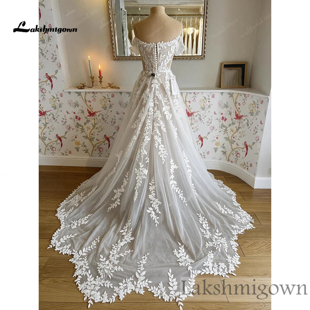 Custom Made Boho Off Shoulder Wedding Dress Illusion Bodice A Line
