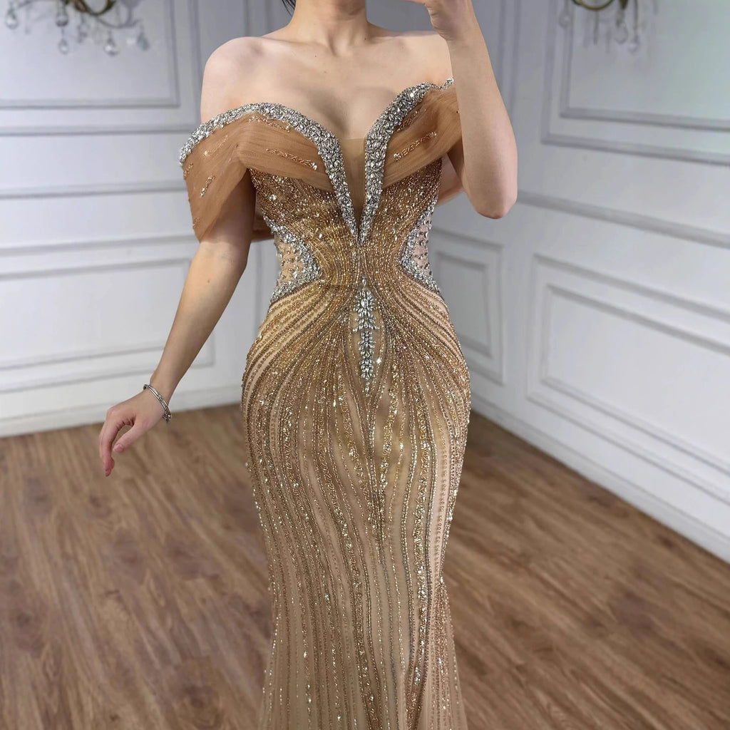 Serene Hill Custom Gold Beaded Mermaid Evening Dress Women Party Gown