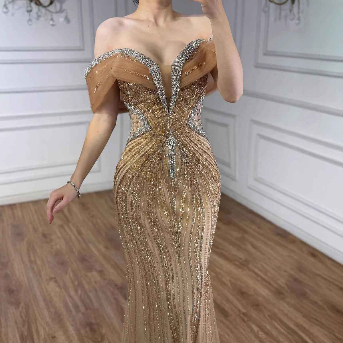 Serene Hill Custom Gold Beaded Mermaid Evening Dress Women Party Gown