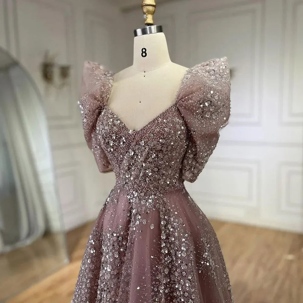 Customized Pink A Line Beaded Evening Dress For Wedding Party Women