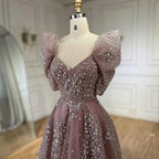 Customized Pink A Line Beaded Evening Dress For Wedding Party Women