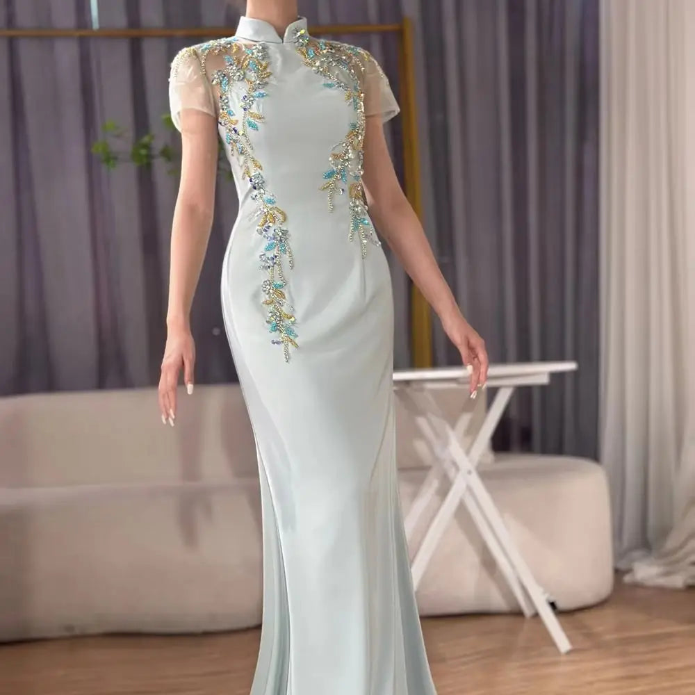 Serene Hill Custom Beaded Satin Mermaid Evening Gown For Formal Events