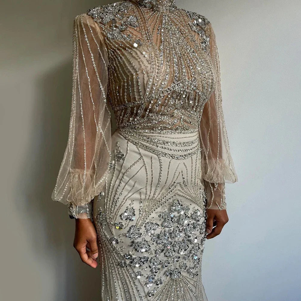 Custom Silver Beaded Mermaid Evening Dress With Full Sleeves For Women