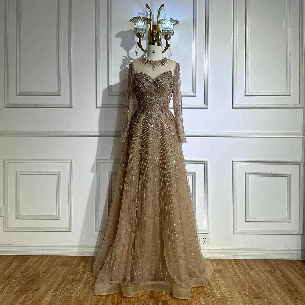 Custom Caramel Evening Prom Dress Long Sleeves A Line Muslim Gown