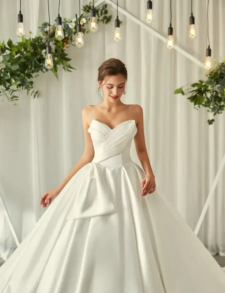 Custom Satin Strapless Wedding Dress Sweetheart Bow Pleat A Line Ball Gown