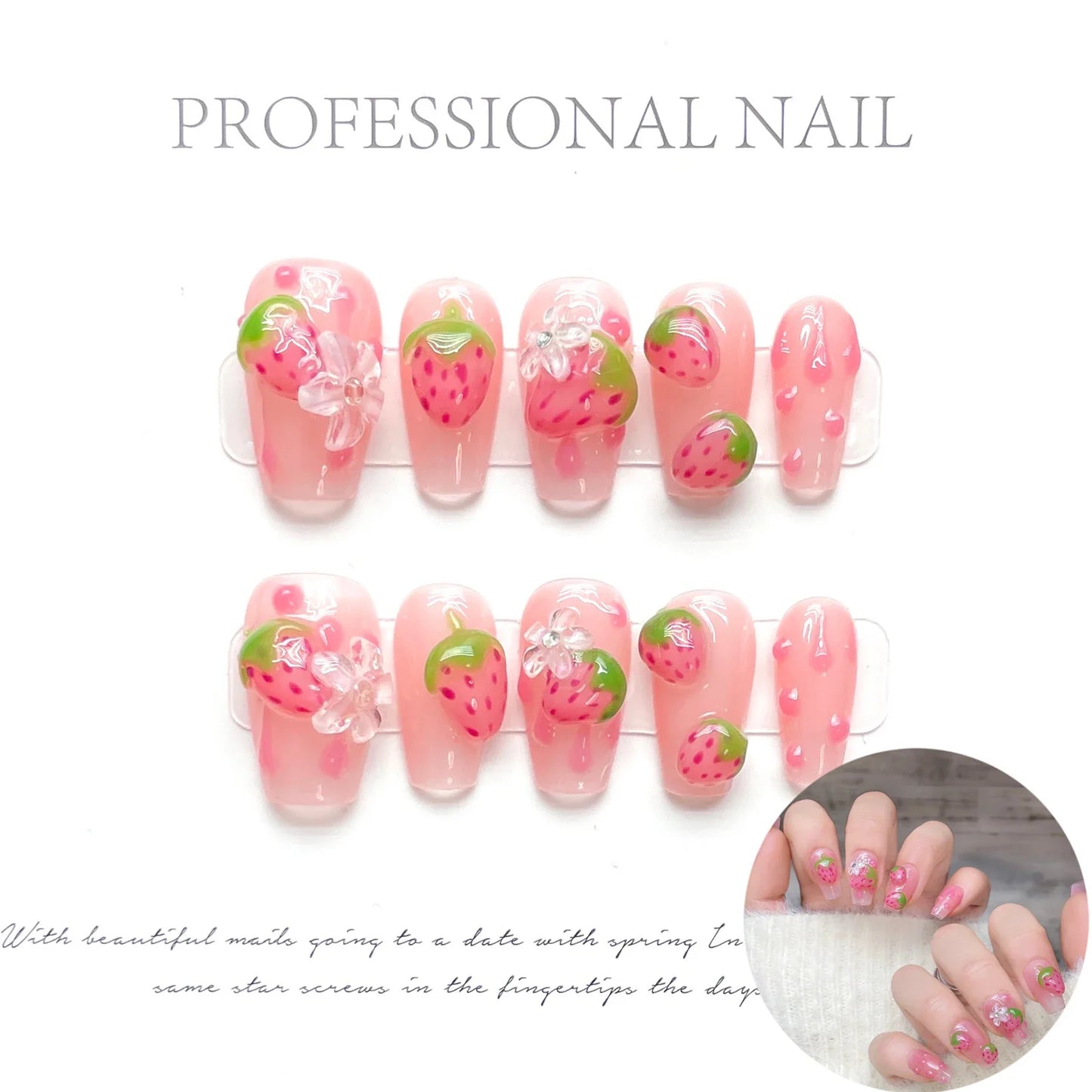 10 parches de uñas postizas ovaladas cortas y dulces, pintados a mano, con diseño de flor de fresa rosa en 3D, para primavera y verano, hechos a mano. 