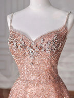 Abito da sera rosa con paillettes e perline in tulle, spalline sottili, linea a trapezio, modello Y8619