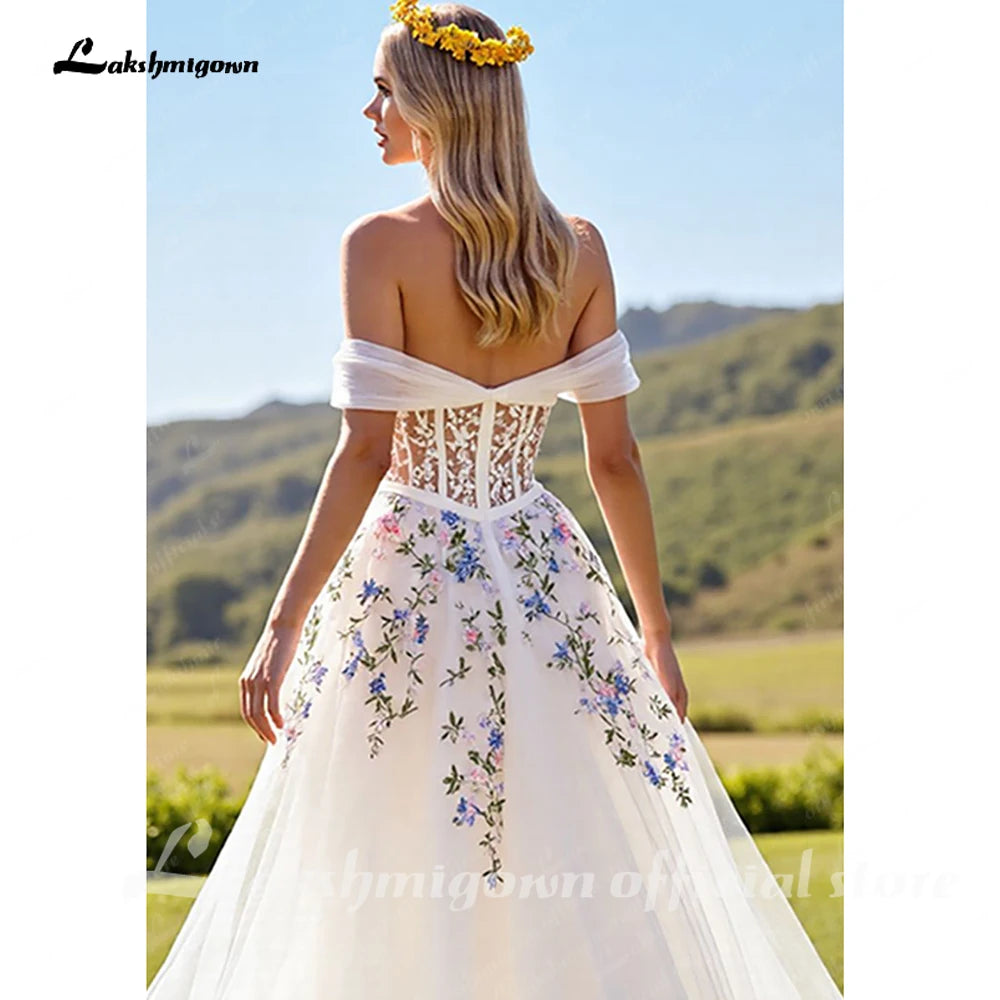 Ivory Floral Embroidery Off The Shoulder A Line Custom Made Wedding Dress