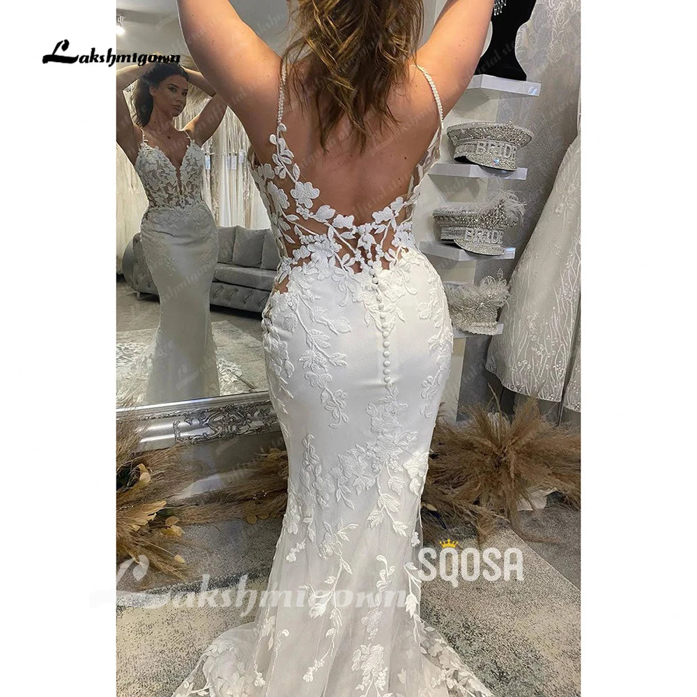 Custom Lace Mermaid Wedding Dress With Spaghetti Straps And Cut Out Train