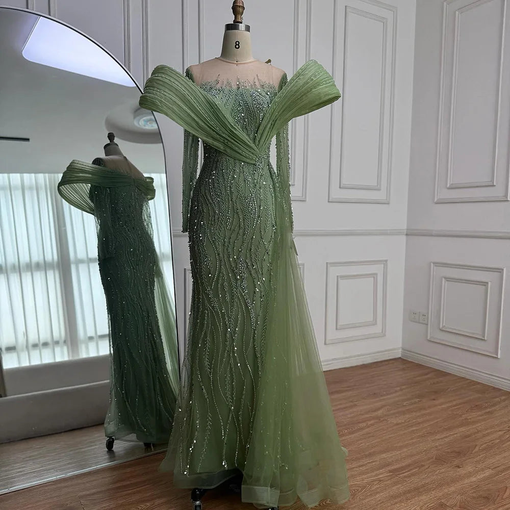 Pink Long Sleeve Mermaid Beaded Evening Dress For Women Customized Wedding Gown