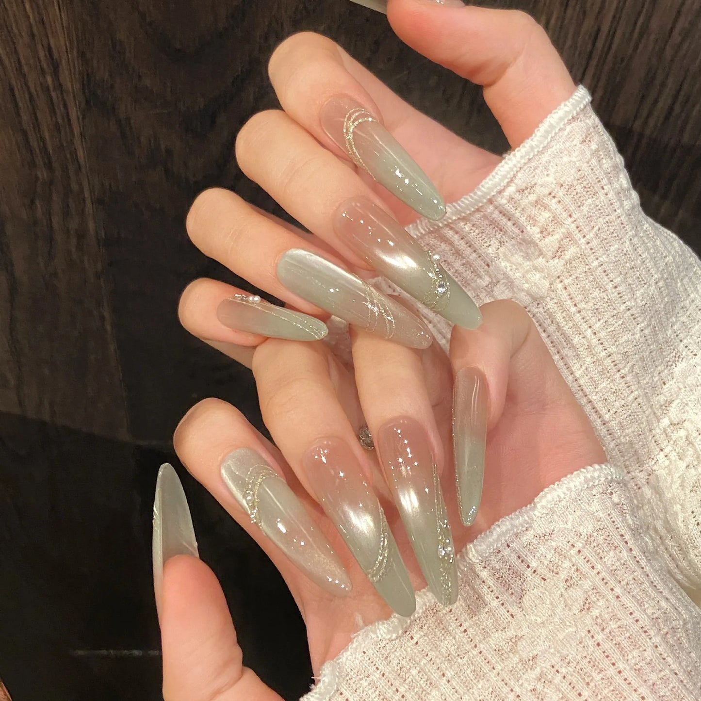 10 uñas postizas de color pomelo verde, hechas a mano, transparentes, estilo ojo de gato, sencillas, ligeras y de lujo, para primavera. 