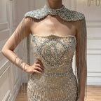 Luxury Beaded Mermaid Evening Gown With Tassel Cape For Women
