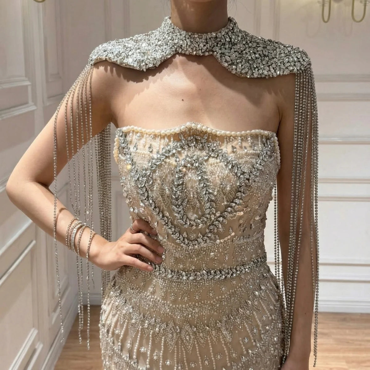Luxury Beaded Mermaid Evening Gown With Tassel Cape For Women