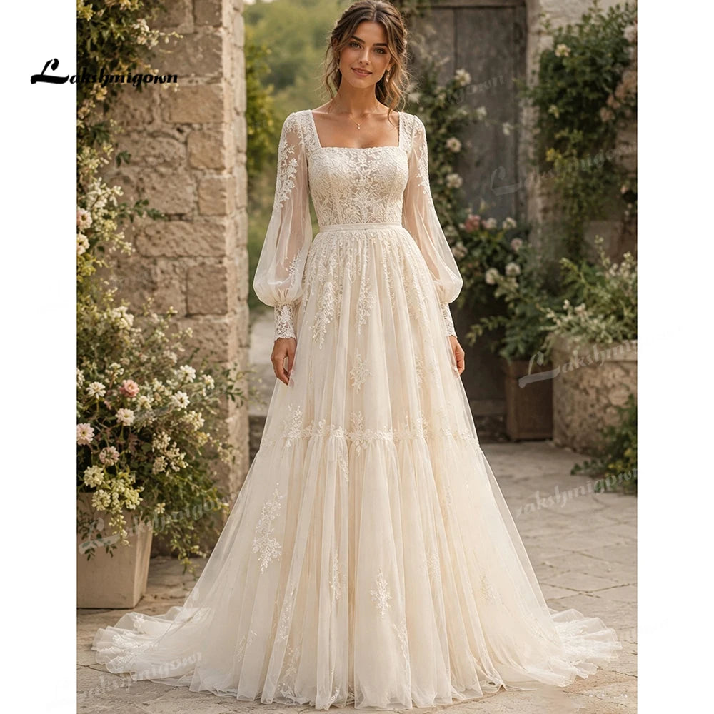 Vintage Square Neck Puff Sleeve Boho Lace Wedding Dress Custom