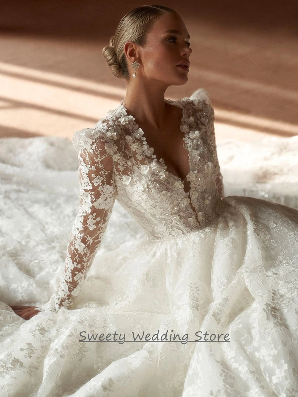 Custom A Line Lace Wedding Dress Long Sleeves V Neck Court Train Bridal Gown
