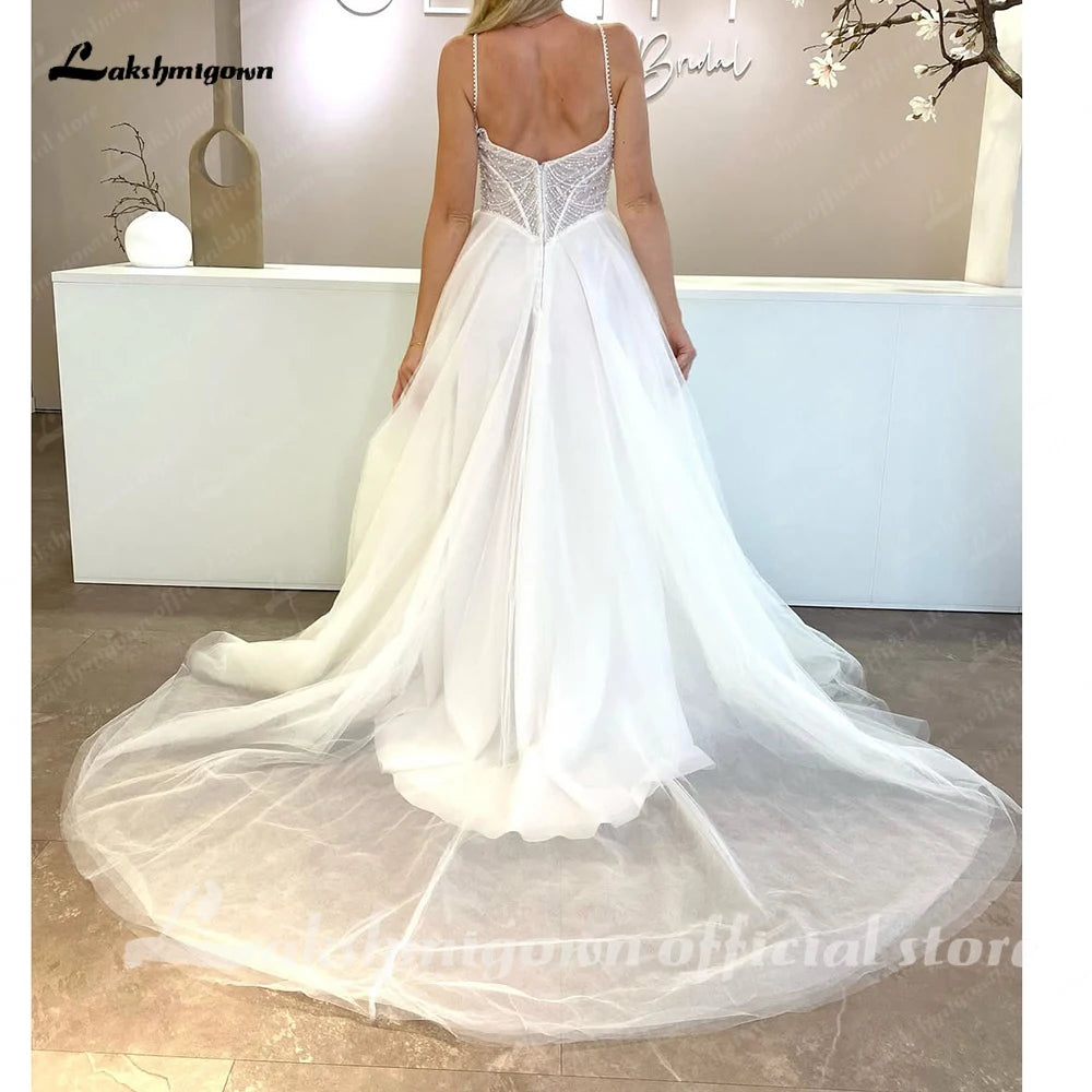 Custom A Line Tulle Wedding Dress With Pearl Beads Spaghetti Strap Scoop Neck