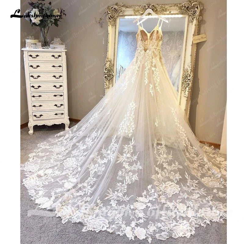 Lakshmigown Spaghetti Straps Lace Wedding Dress Sexy Bridal Robe Plunging V Neck Tulle Boho Wedding Gown Abiti Sposa Customized