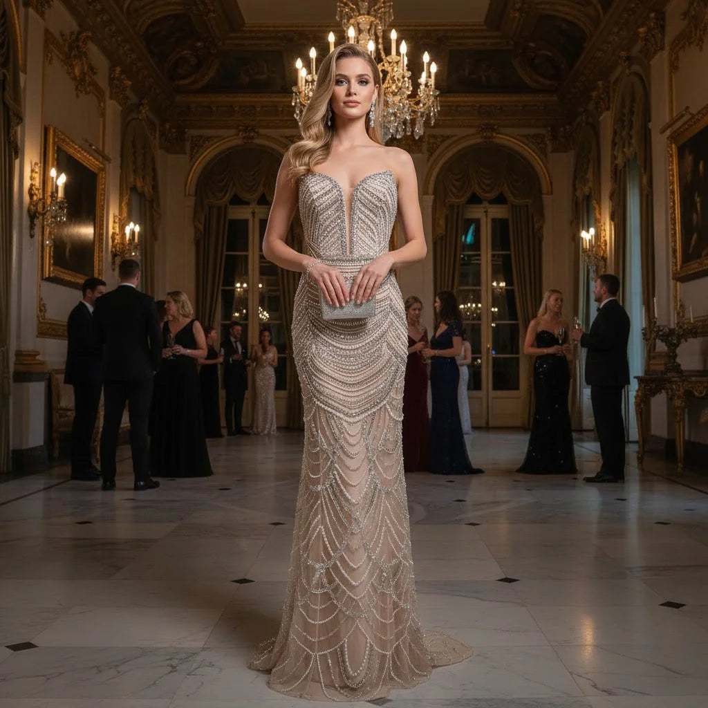 Serene Hill Custom Mermaid Beaded Pearl Evening Gown 2026
