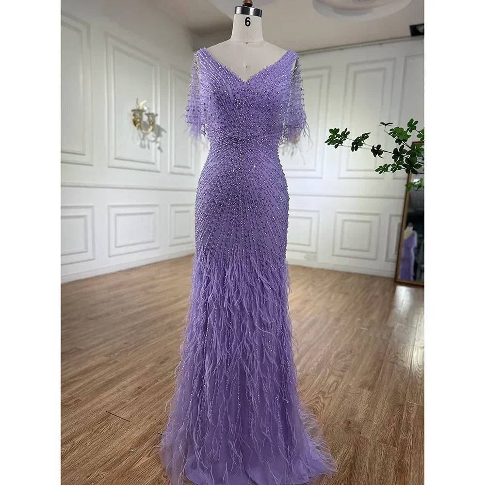Serene Hill Brown Mermaid Beaded Feathers Evening Dresses Elegant Party Gowns for Women DLA71323 Customized