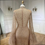 Nude High Neck Long Sleeves Feathers Mermaid Beaded Customized Evening Dress