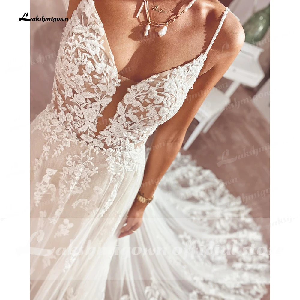 Custom Lace V Neck Wedding Dress Appliqued Court Train Boho Bridal Gown