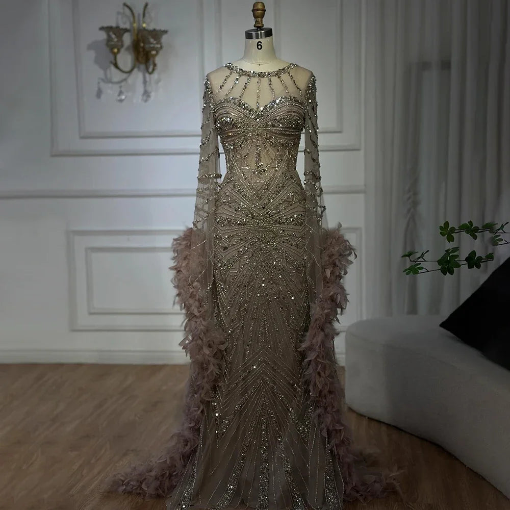 Pink Beaded Mermaid Evening Gown With Feathers Luxury Custom Dress