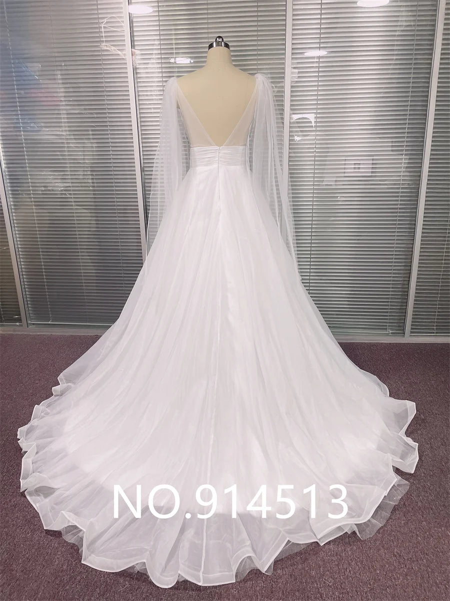 Custom Plus Size Organza Tulle Wedding Dress V Neck Backless Bridal Gown