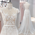 Custom Made Bohemian Wedding Dress Vintage Lace Beaded High Neck Tulle Gown