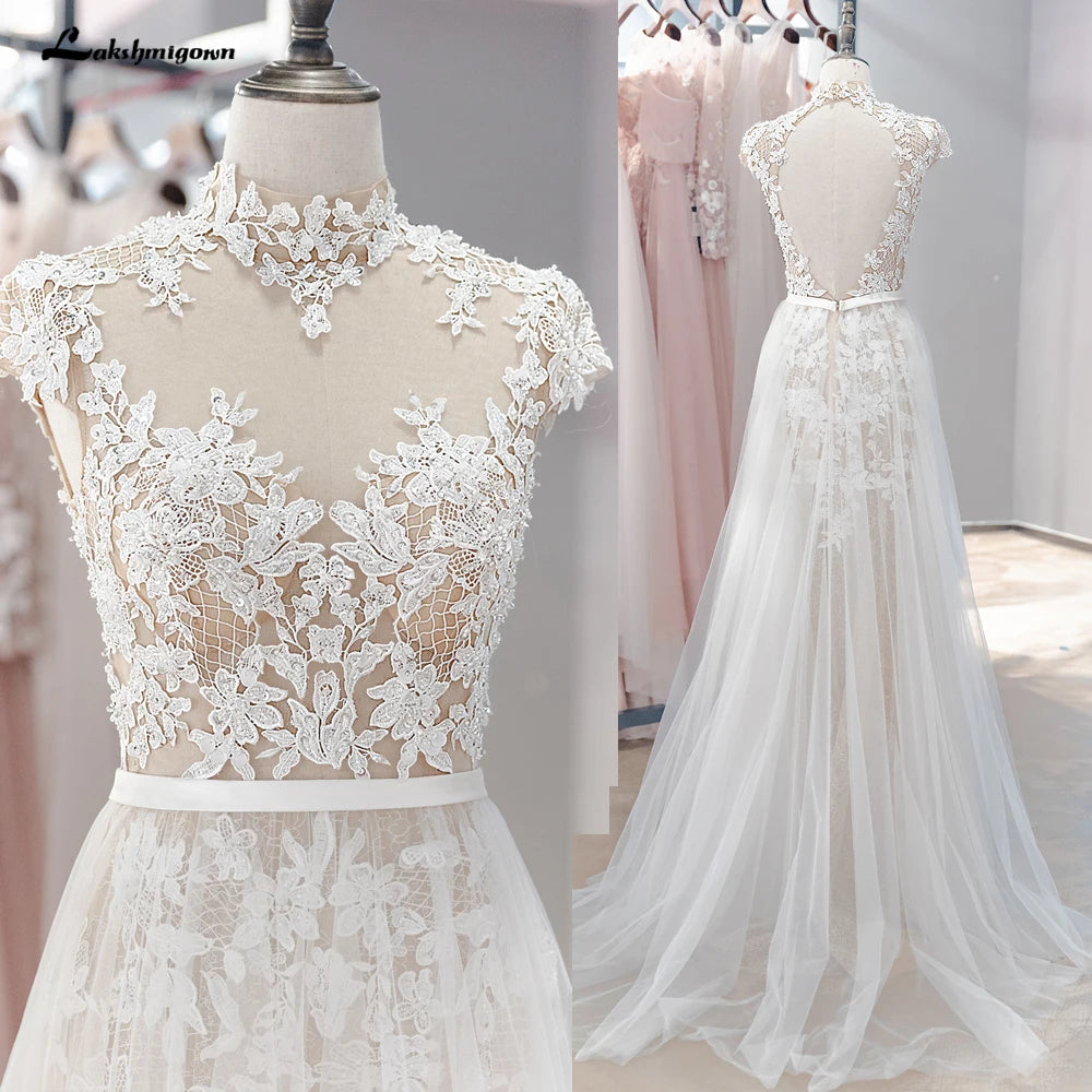 Custom Made Bohemian Wedding Dress Vintage Lace Beaded High Neck Tulle Gown