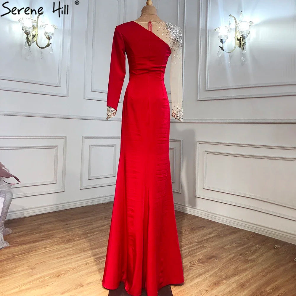 Custom White Satin Mermaid Evening Dress Long Sleeve Beaded Gown For Women