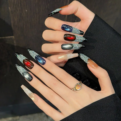 10 uñas postizas para niñas, con efecto ojo de gato, cielo estrellado, largas, hechas a mano, con diamantes brillantes, estilo Y2K. 