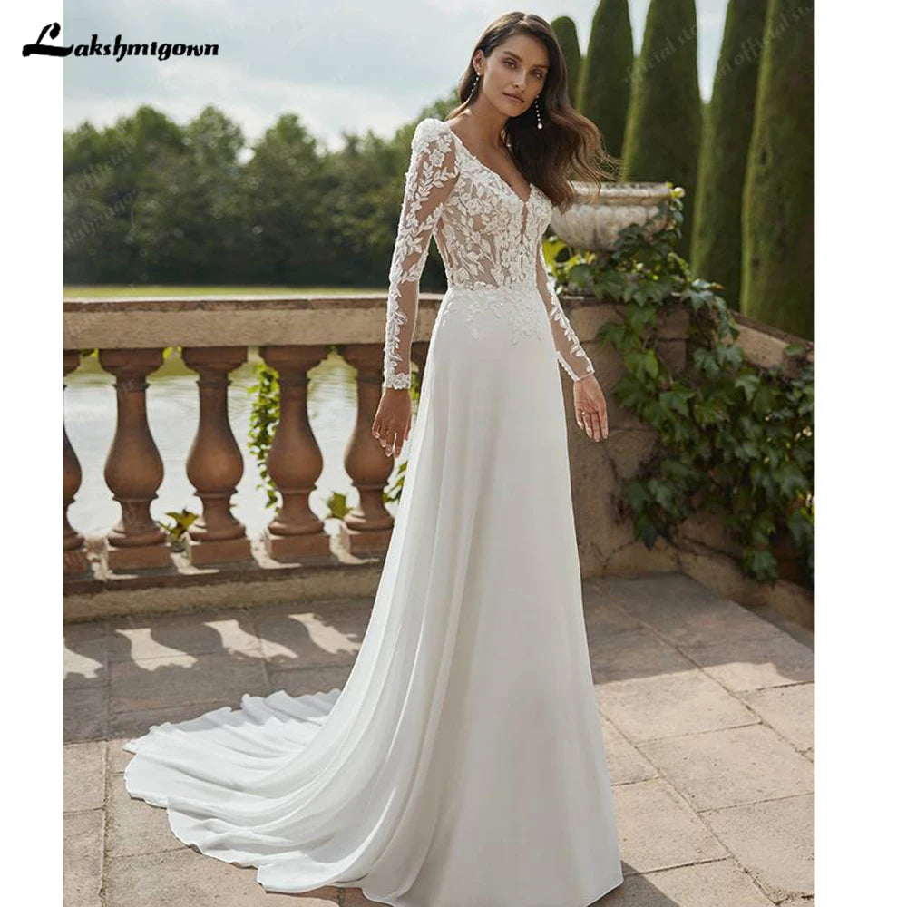 Lakshmigown Long Sleeve Boho Beach Wedding Dress Chiffon A Line Gown