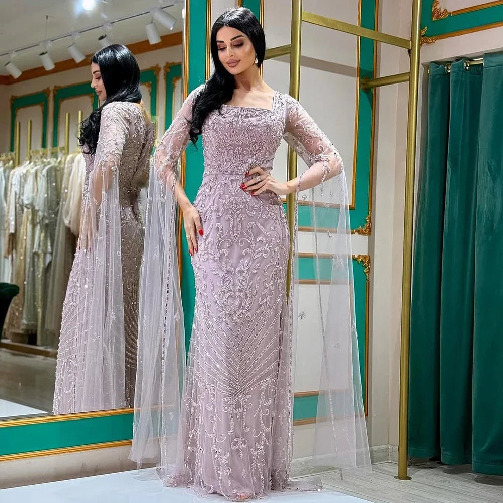 Pink Mermaid Evening Dress With Beaded Cape For Wedding
