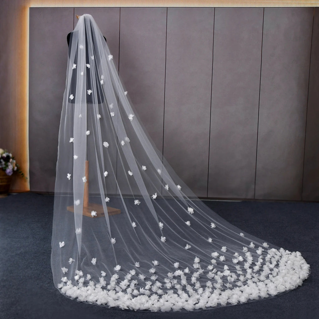 3D Flower Cathedral Bridal Veil With Comb White Ivory Wedding Tulle