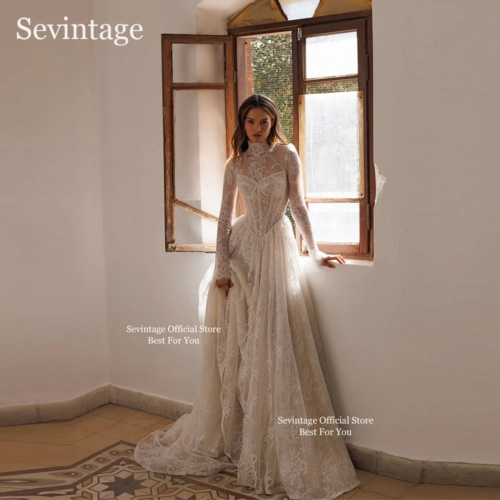 Ivory Full Lace Custom High Collar Long Sleeve A Line Floor Length Bridal Gown