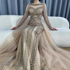 Pink Long Sleeve Mermaid Beaded Customized Evening Dress For Women