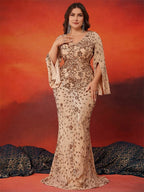 BLUEPLUM Plus Size Luxury Blue Evening Dresses Women 2025 Long Sleeve Mermaid Formal Sequins Prom Wedding Party Cocktail Gowns