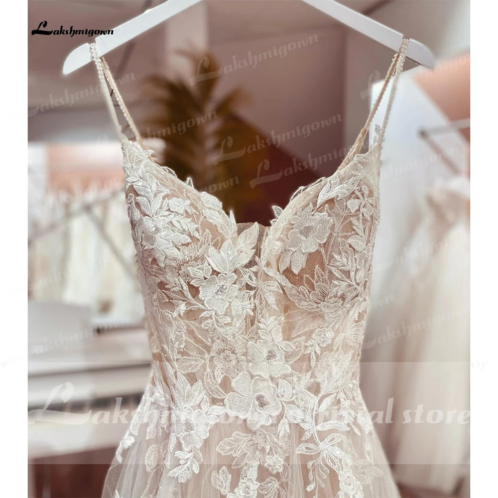 Custom Made Spaghetti Strap Lace Wedding Dress Bohemian Open Back Bridal Gown