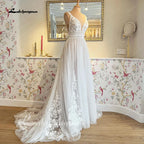 Boho V Neck Lace Appliques Wedding Dress For Women Custom Bridal Gown