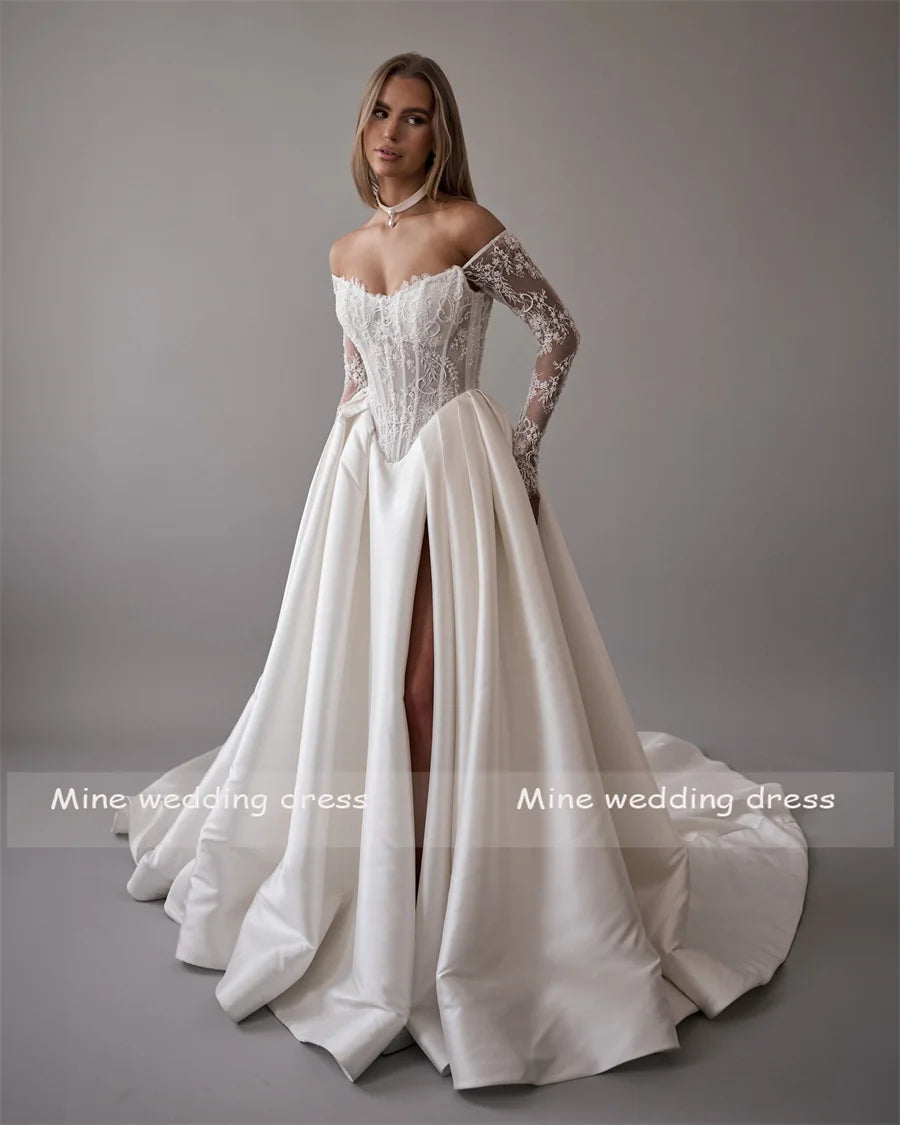 Custom Sweetheart Wedding Dress A Line Satin Skirt Backless Lace Bridal Gown