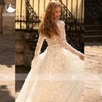Boho A Line Wedding Dress Long Sleeve Lace Pearl Sequined Custom Bridal Gown