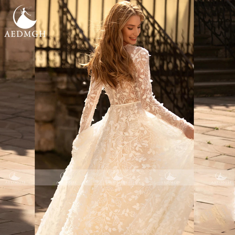 Boho A Line Wedding Dress Long Sleeve Lace Pearl Sequined Custom Bridal Gown