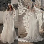 Custom Bohemian Lace A Line Wedding Dress Puff Sleeves Pockets Bridal Gown